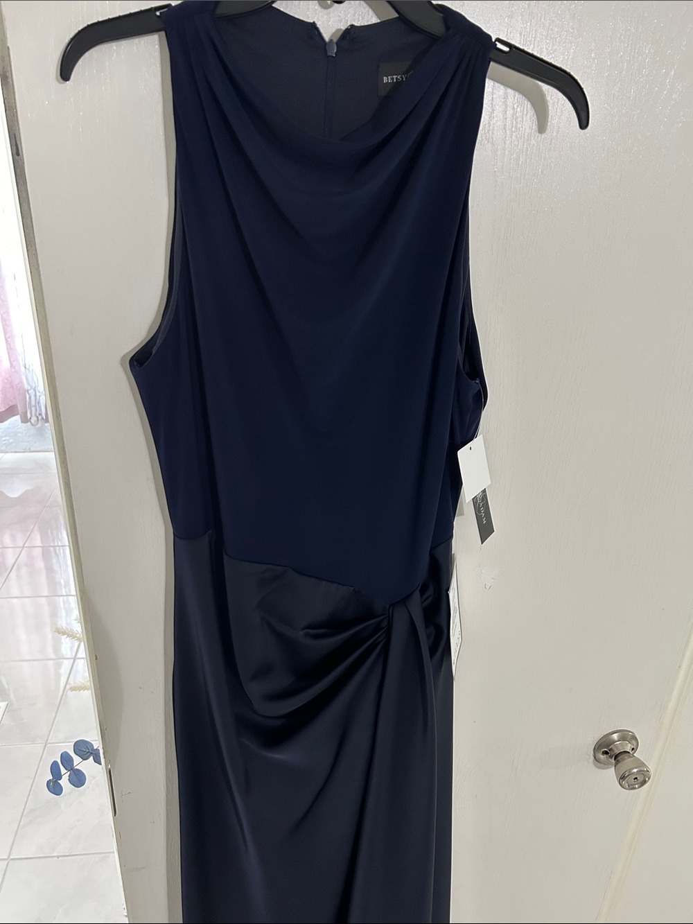 Betsy & Adam Navy Sleeveless Draped Maxi Dress